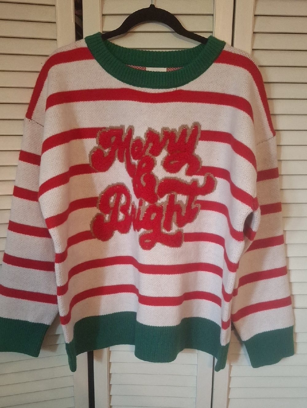 BiBi White, Red & Green 'Merry & Bright' Striped Crewneck Sweater
